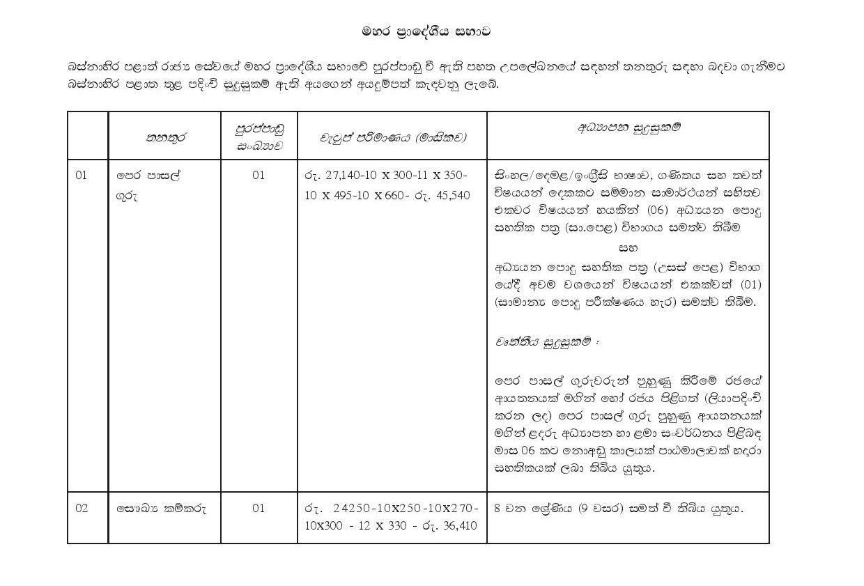 Pre School Teacher, Sanitary Labourer - Mahara Pradeshiya Sabha